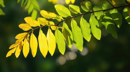 "Morning Glow on a Branch and Leaf Amidst a Verdant, Misty Backdrop"