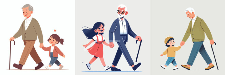 vector set of grandfather walking with his daughter