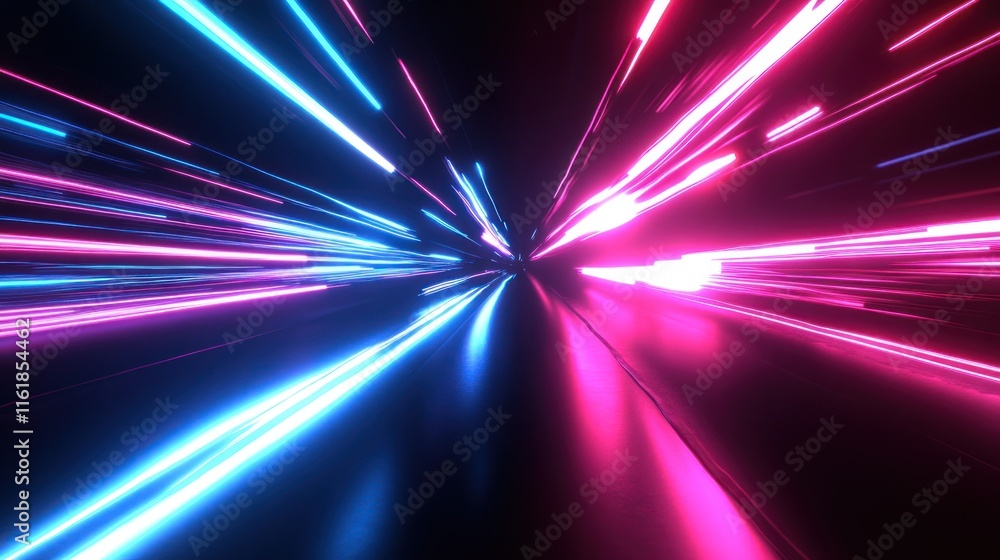 Poster abstract neon light streaks converging at a vanishing point, creating a dynamic and energetic compos