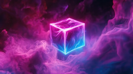 "Abstract Ultraviolet 3D Render with Glowing Cloud and Neon Box Sign"