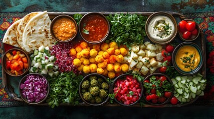 Fototapeta premium A vibrant spread of Mediterranean mezze, including hummus, falafel, fresh vegetables, and pita bread. Perfect for sharing!