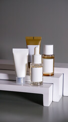 skincare packaging set with plain white label on the minimalist studio scene background