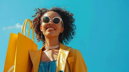 Stylish woman with shopping bag, showcasing her fashion sense and happiness, against a modern blue background.