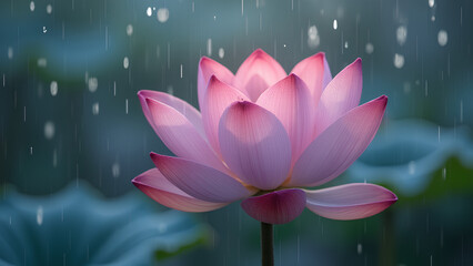 A blooming lotus beneath a Dreamy Rainfall Bokeh with blurred raindrops catching the light