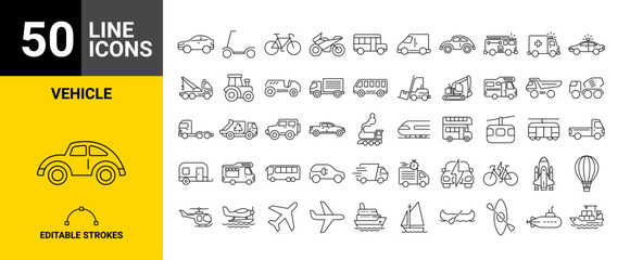 Set of 50 vehicle icons, police, firetruck, ambulance, airplanes and boats in Vector Format.
