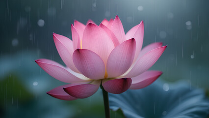 A blooming lotus beneath a Dreamy Rainfall Bokeh with blurred raindrops catching the light