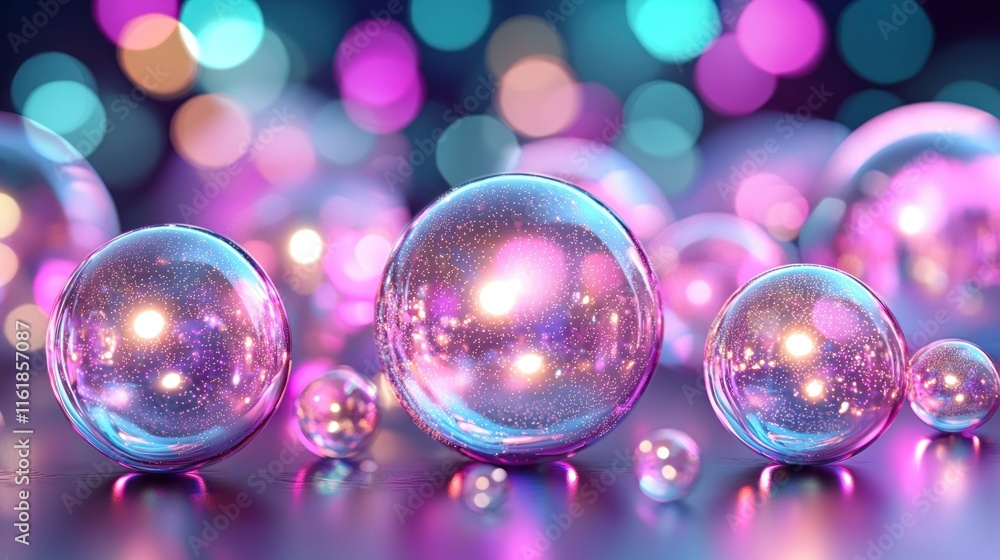 Poster glowing iridescent spheres on reflective surface with bokeh background.