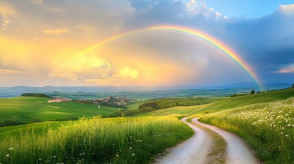 Naklejka premium A beautiful rainbow over the rolling hills of Tuscany, with a small village in the distance and clouds dotting the sky.