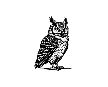 illustration of standing black wise owl in woodcut linocut engraving black ink print style 	