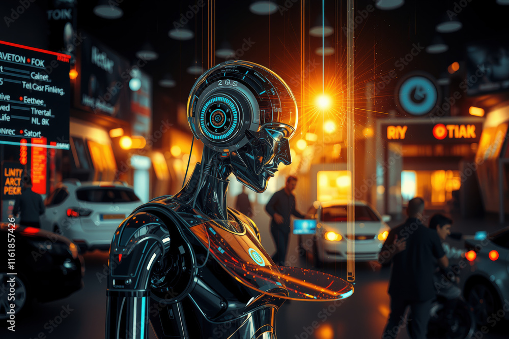 Poster futuristic robot with glowing elements stands in busy, high tech urban environment, surrounded by pe