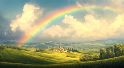 Obraz premium A beautiful rainbow over the rolling hills of Tuscany, with a small village in the distance and clouds dotting the sky.