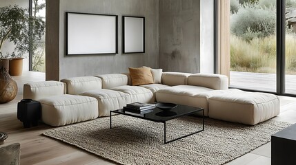 Fototapeta premium Modern sectional sofa in minimalist living room with large windows, neutral tones, and a coffee table.