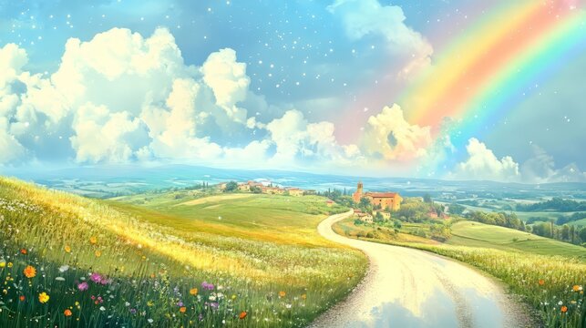 A beautiful rainbow over the rolling hills of Tuscany, with a small village in the distance and clouds dotting the sky.