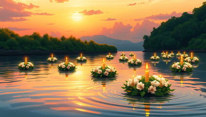 A tranquil image of a river burial ritual with floating floral wreaths and candles drifting on the water under a golden sunset. Perfect for themes of spiritual farewell and cultural traditions.

