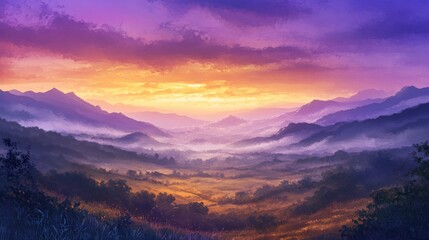 Obraz premium Majestic Sunset Over Misty Mountain Valley Landscape