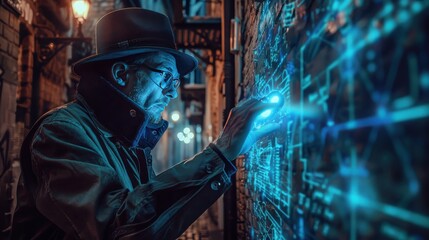 A time-traveling detective in a dark alley, analyzing clues with a glowing holographic interface in a dystopian world