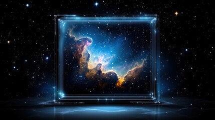 Obraz premium Cosmic Nebula Displayed in Futuristic Frame Glowing Stars and Galaxy Background