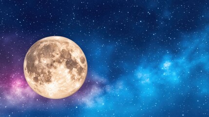 Majestic Full Moon in a Starry Night Sky with Nebula Clouds