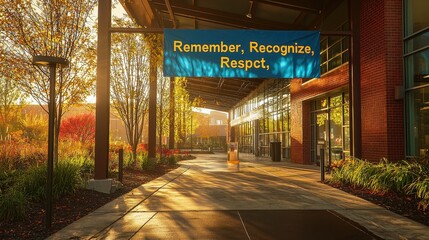 Outdoor path with blue banner reading Remember Recognize Respect under warm golden sunlight