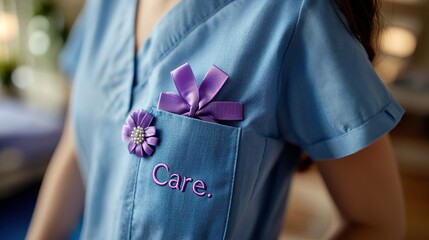 Close-up of nurse uniform with purple ribbon flower and embroidered text Care
