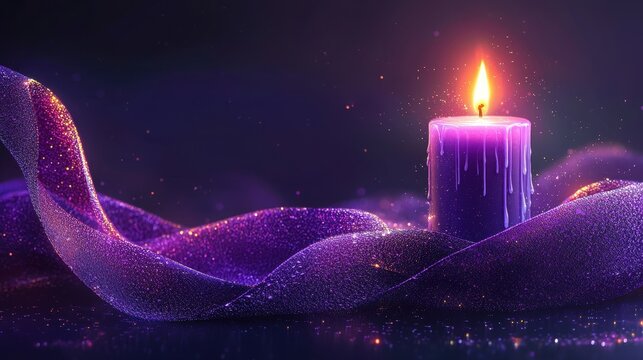 Glowing purple candle with glittery ribbon in dark background and soft sparkles