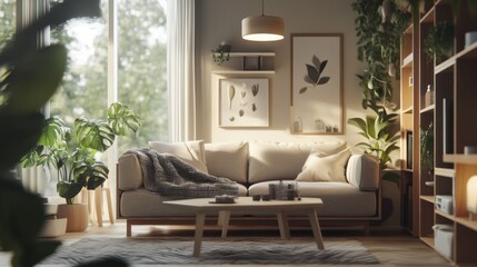 Cozy living room with beige sofa, plants, and natural light.