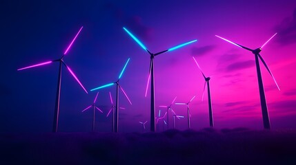 Futuristic Neon-Lit Wind Turbine Farm in a Vibrant Landscape