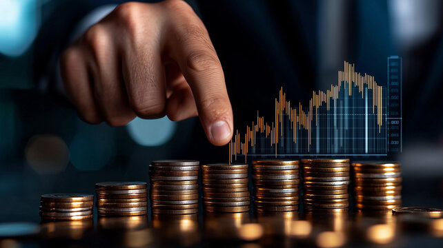 Businessman behind stacks of coins with financial stock market graph, investment and economic growth concept.
