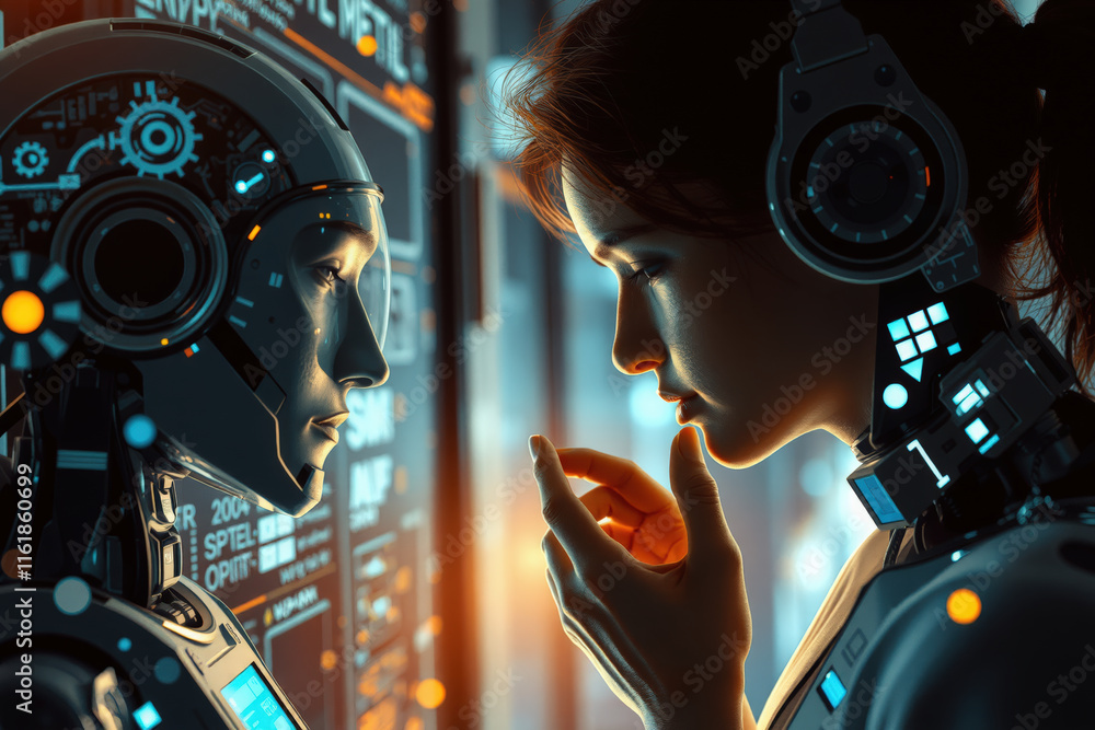Poster woman and humanoid robot engage thoughtful interaction, surrounded by digital interfaces and futuris
