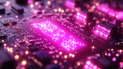 Glowing pink circuit board detail.