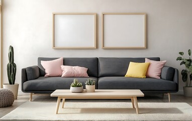 Modern living room interior with gray sofa, wooden coffee table, and two blank frames. (4)