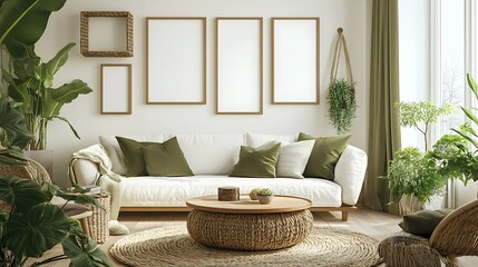 Modern living room interior design with white sofa, natural materials, plants, and empty frames.