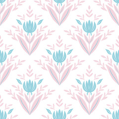 Blue Pink Modern Tulip Floral Print for Textile and Design