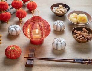 Chinese Lantern Festival with Red Lanterns, Traditional Food, and Cultural Symbols