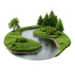 Lush green landscape with a winding river and trees, white isolate background.