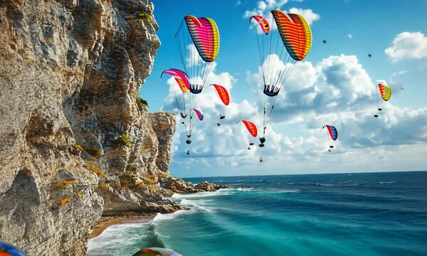Colorful paragliders soaring above a rocky coastline and ocean under a bright sky.