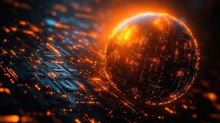 Glowing sphere on circuit board.