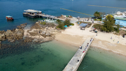 DEC 26 2024,Hong Kong.Sharp Island road sign, Sharp Island is one of the Hong Kong UNESCO World Geoparks. The sandbar is not always visible as it only appears at low tide.