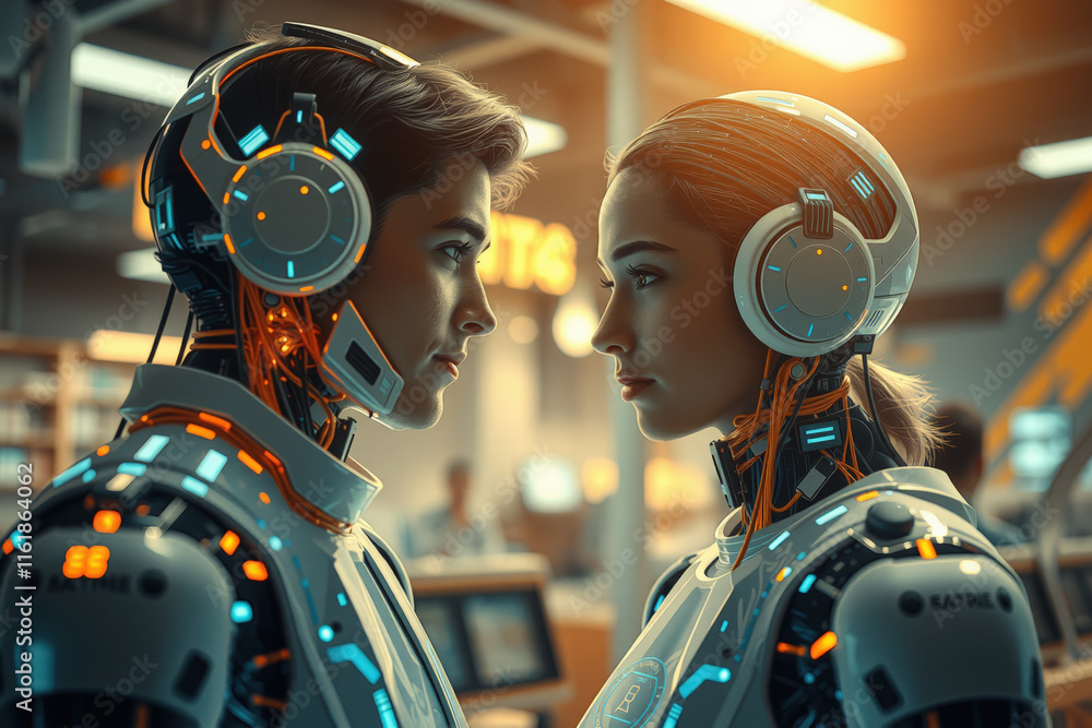 Aufkleber futuristic humanoid robots with glowing circuits face each other in modern tech environment, showcas