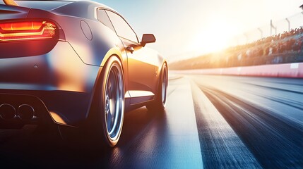 Red sports car racing at high speed on a drag strip, showcasing the thrill of competition and the pursuit of performance excellence