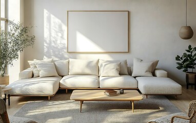 Sunlit minimalist living room with beige sofa, wooden coffee table, blank frame, and plants.