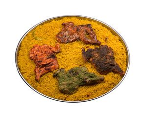 Majboos biryani rice with four variety flavoured fried chicken, Green chilli, pepper, honey and Alfahm chicken served in a large plate for family or group