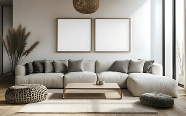 Fototapeta premium Minimalist living room interior with beige sofa, two blank frames, wooden coffee table, and natural decor. (1)