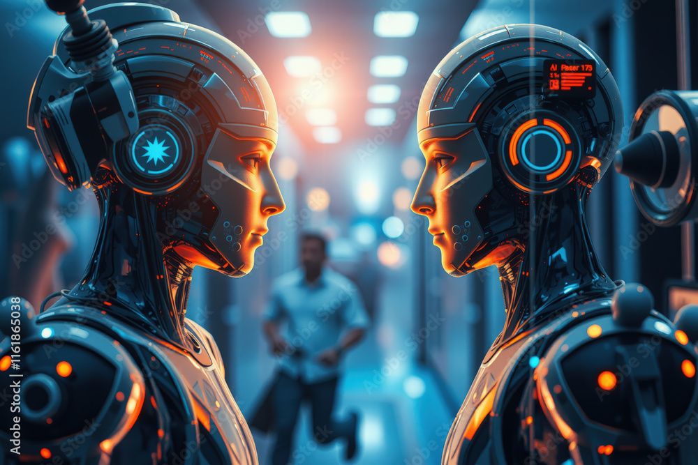 Poster two futuristic robots face each other in brightly lit corridor, with person running in background, h