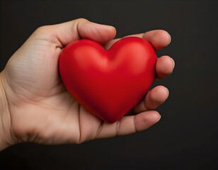 Obraz premium Close up top view of one hand showing holding big matt red heart