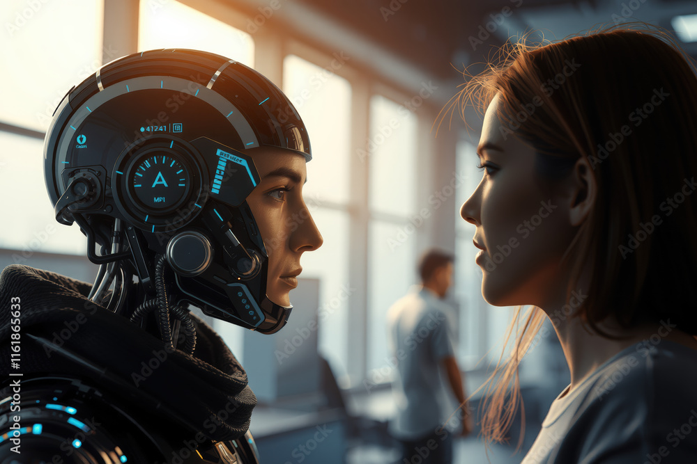 Poster human and futuristic robot face each other in modern office setting, highlighting interaction betwee
