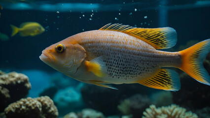 Colorful Goldfish Swimming in Aquarium with Blue Water and Orange Fins"