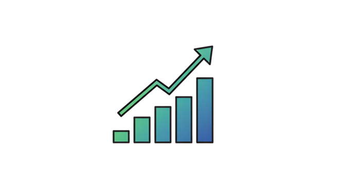Minimalistic vector-style bar chart icon with an upward arrow with transparent background
