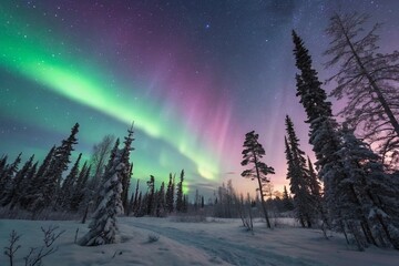 Aurora Borealis Spectacle: Breathtaking 8k Photorealistic Views of Northern Lights Over a Snow-Covered Forest Under a Starry Night Sky