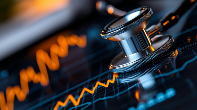 A stethoscope rests on a digital health chart, symbolizing the intersection of medical technology and data analysis in healthcare.
